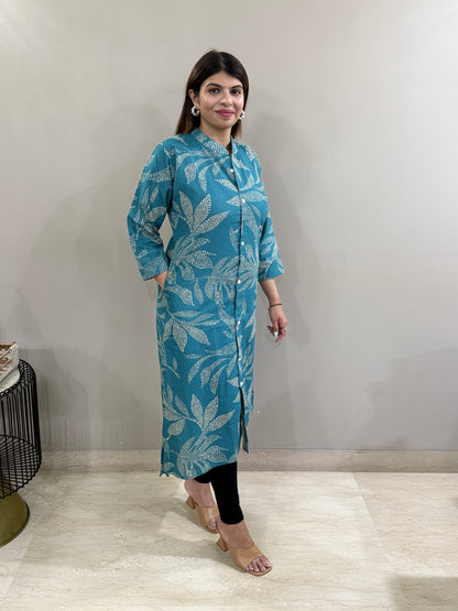 Flex Cotton Blue Floral A line Kurti