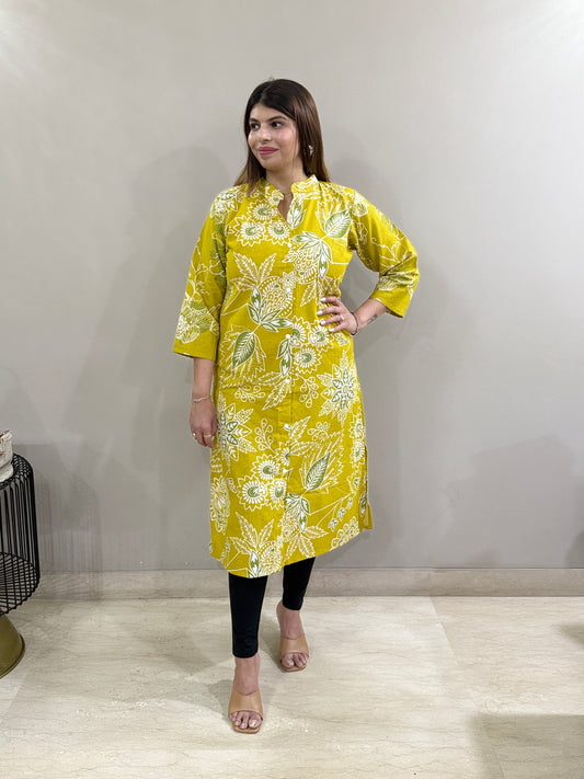 Flex Cotton Mustard Floral A line Kurti