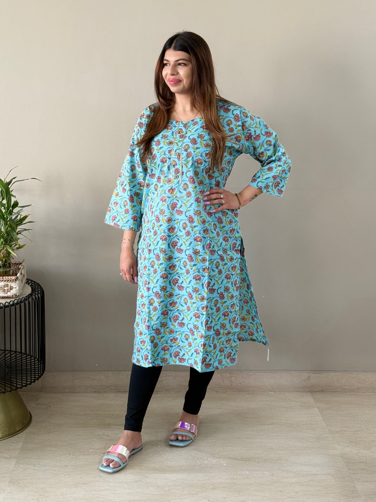 Blue Cotton Floral Kurti