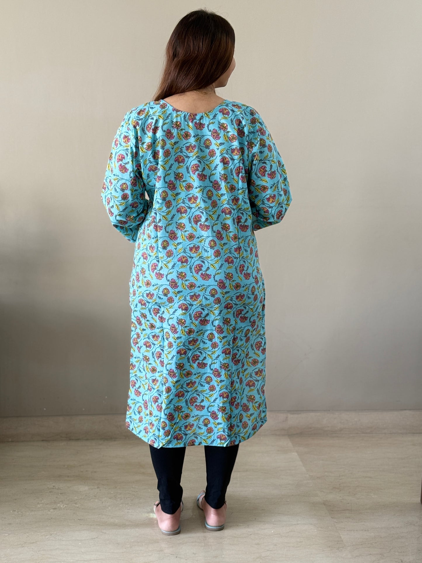 Blue Cotton Floral Kurti