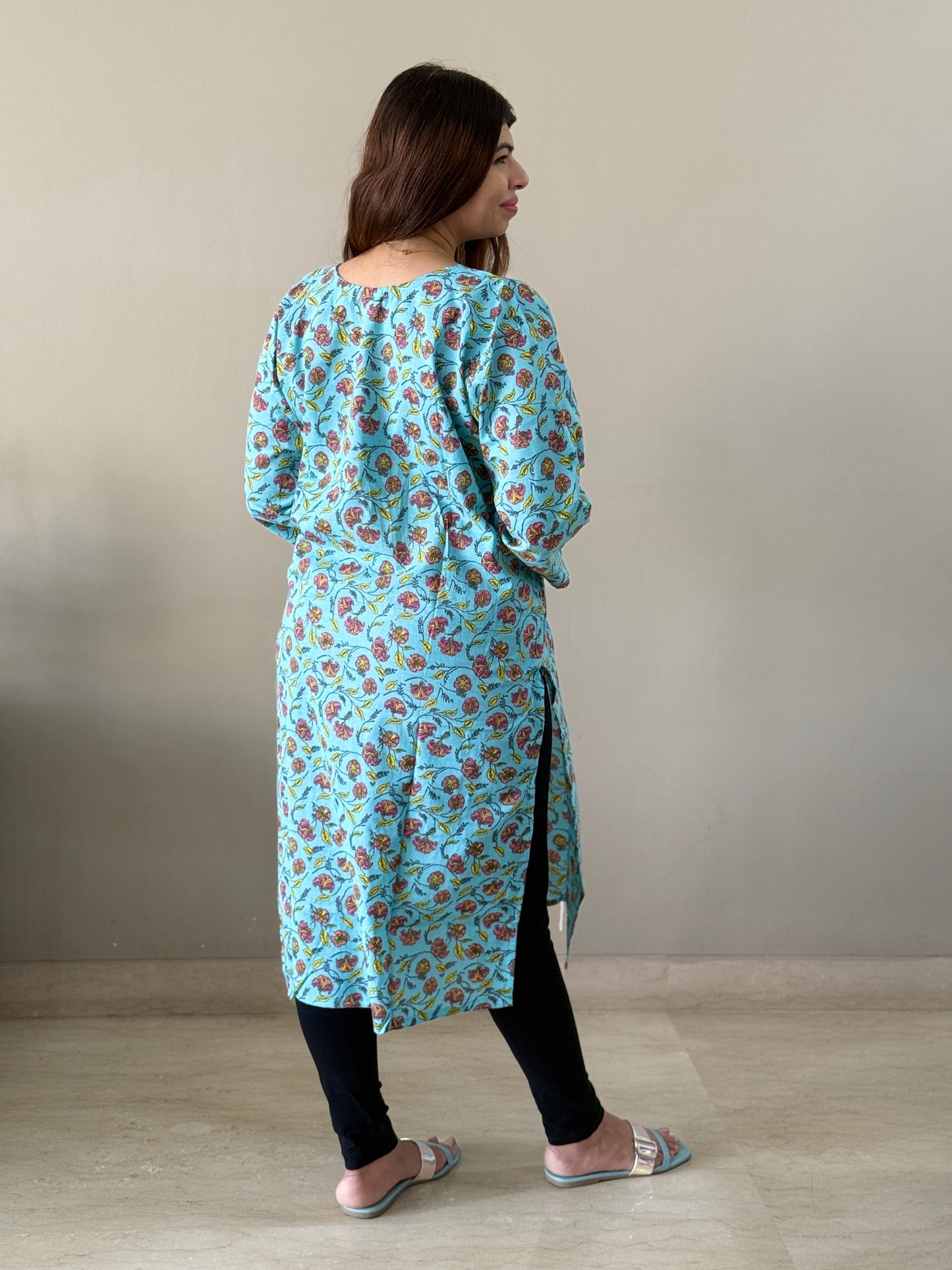 Blue Cotton Floral Kurti
