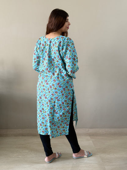 Blue Cotton Floral Kurti
