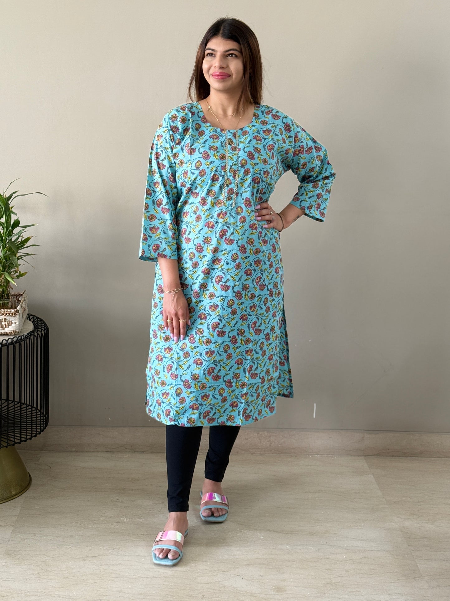 Blue Cotton Floral Kurti