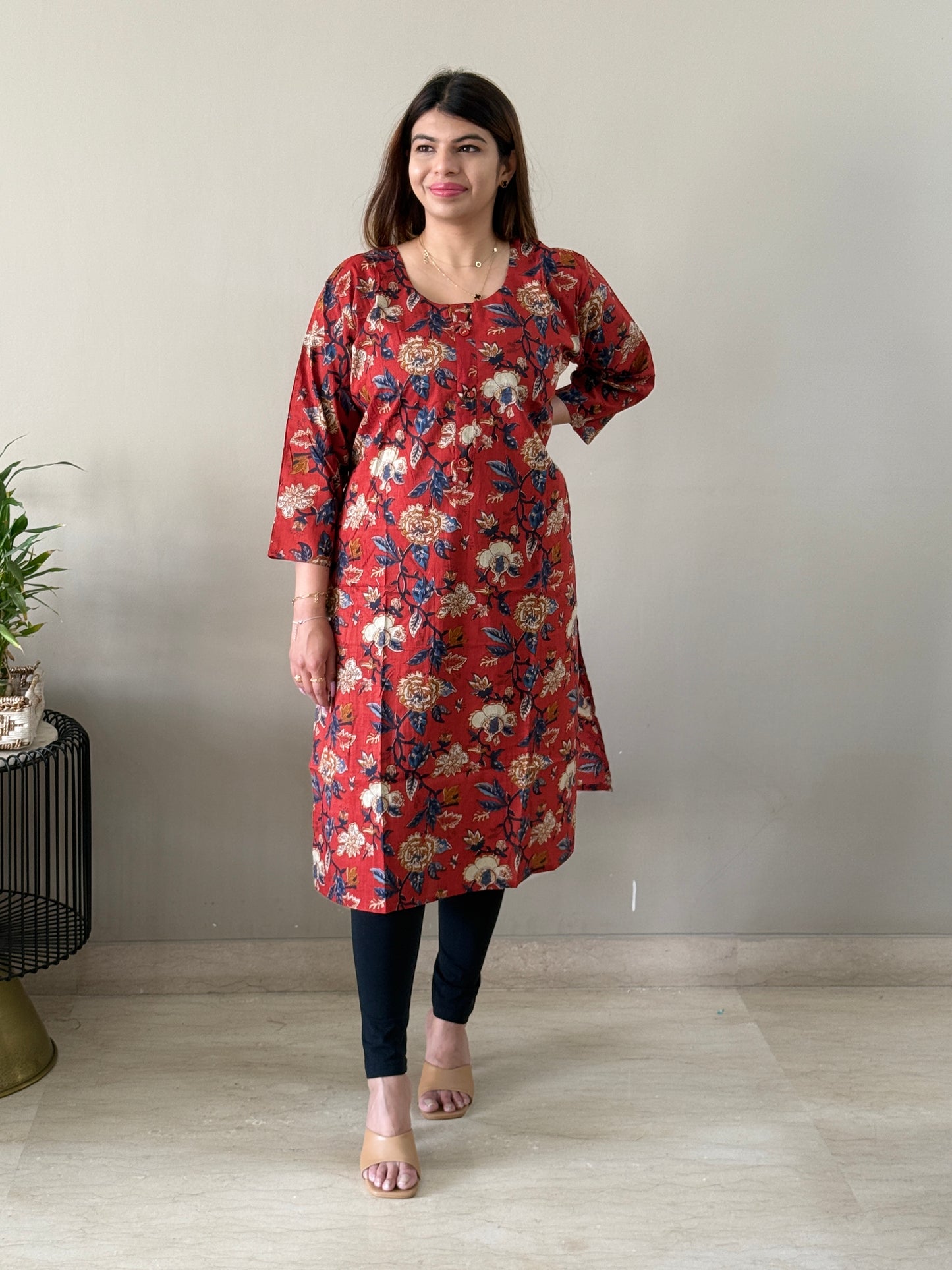 Red Cotton Floral Kurti