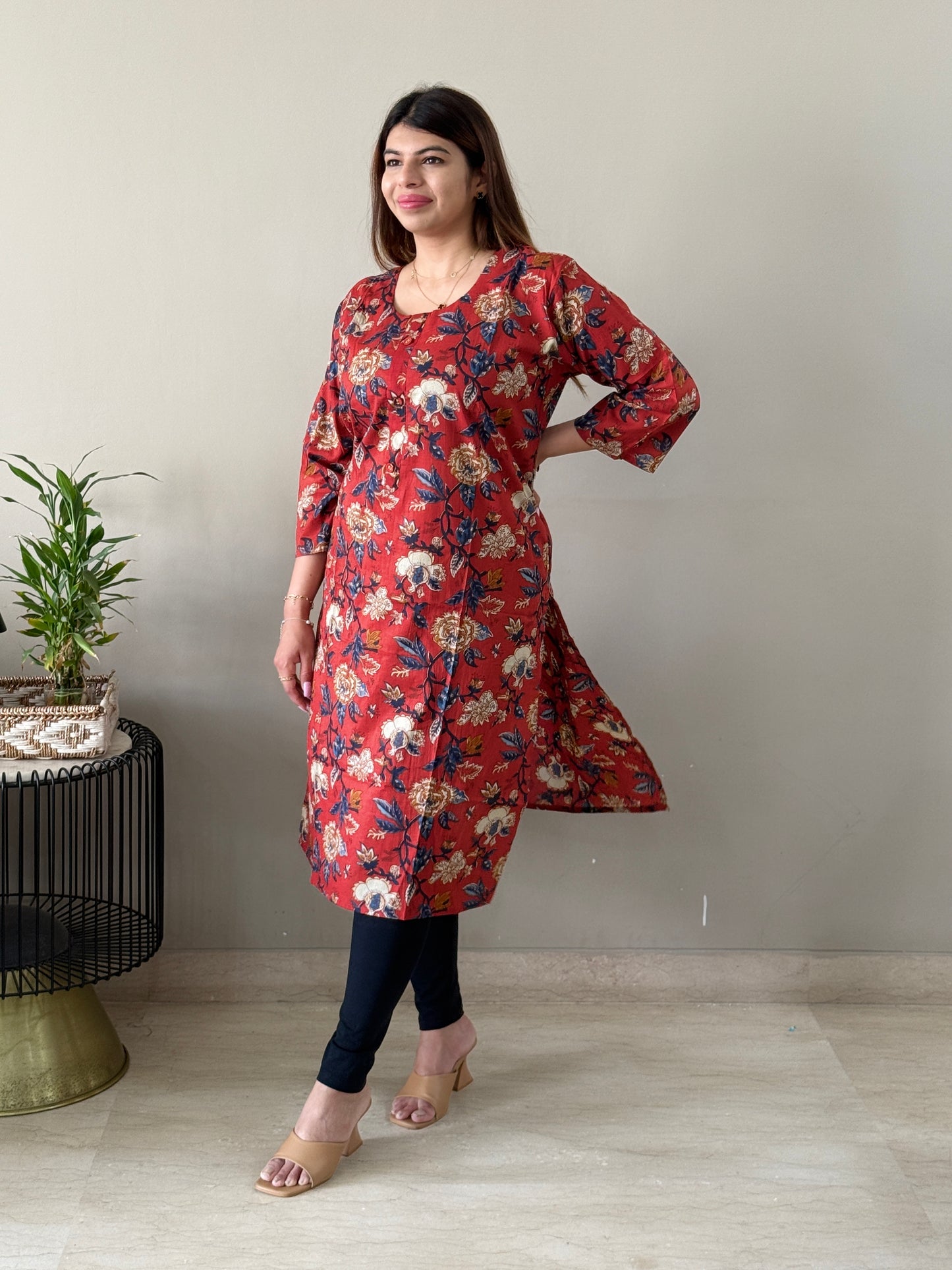Red Cotton Floral Kurti