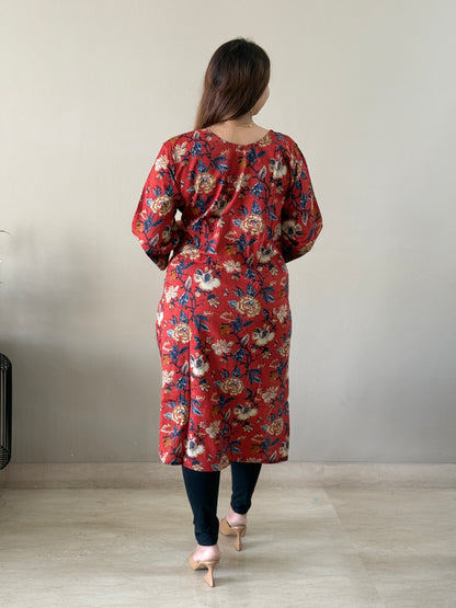 Red Cotton Floral Kurti