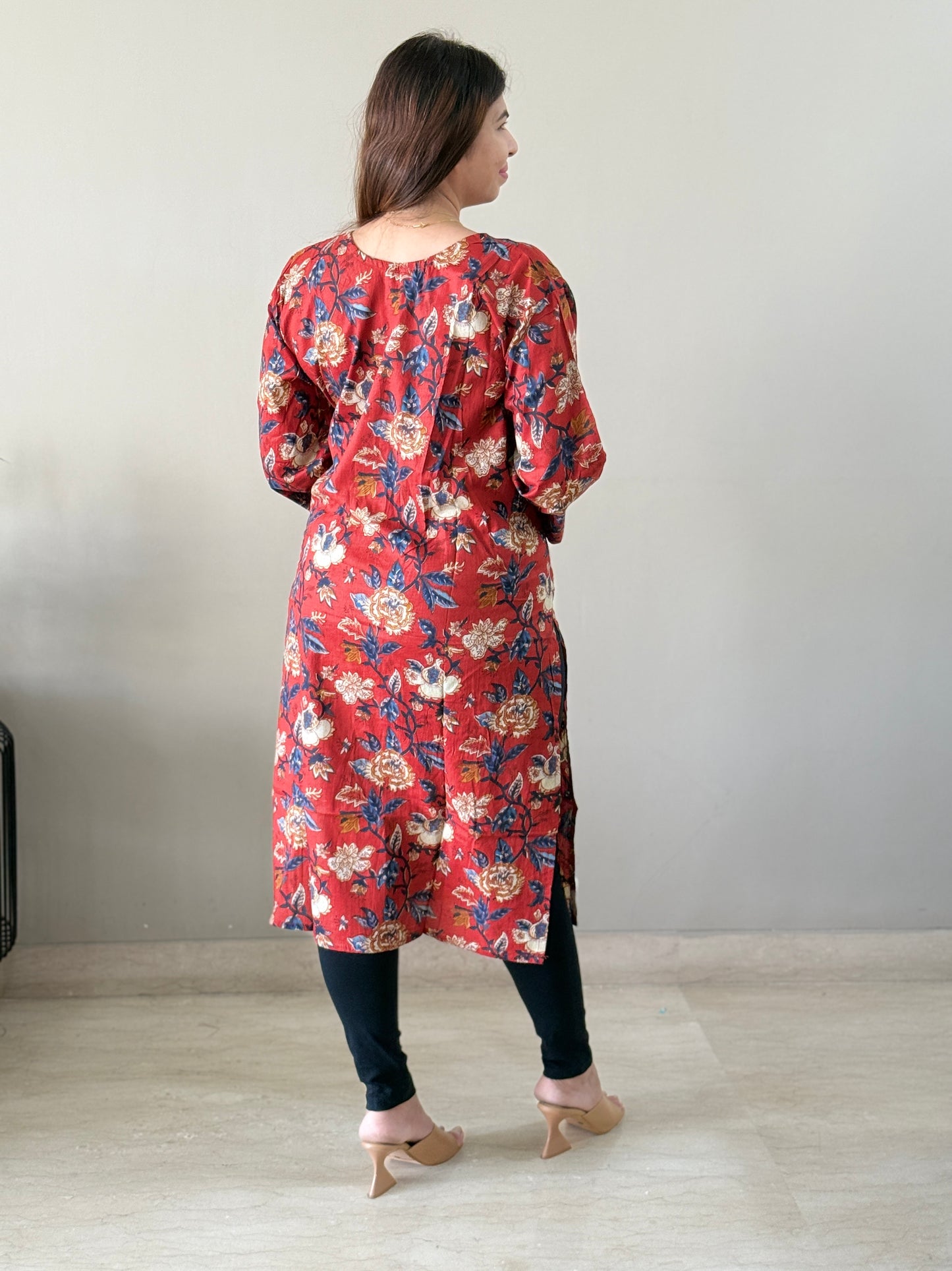 Red Cotton Floral Kurti