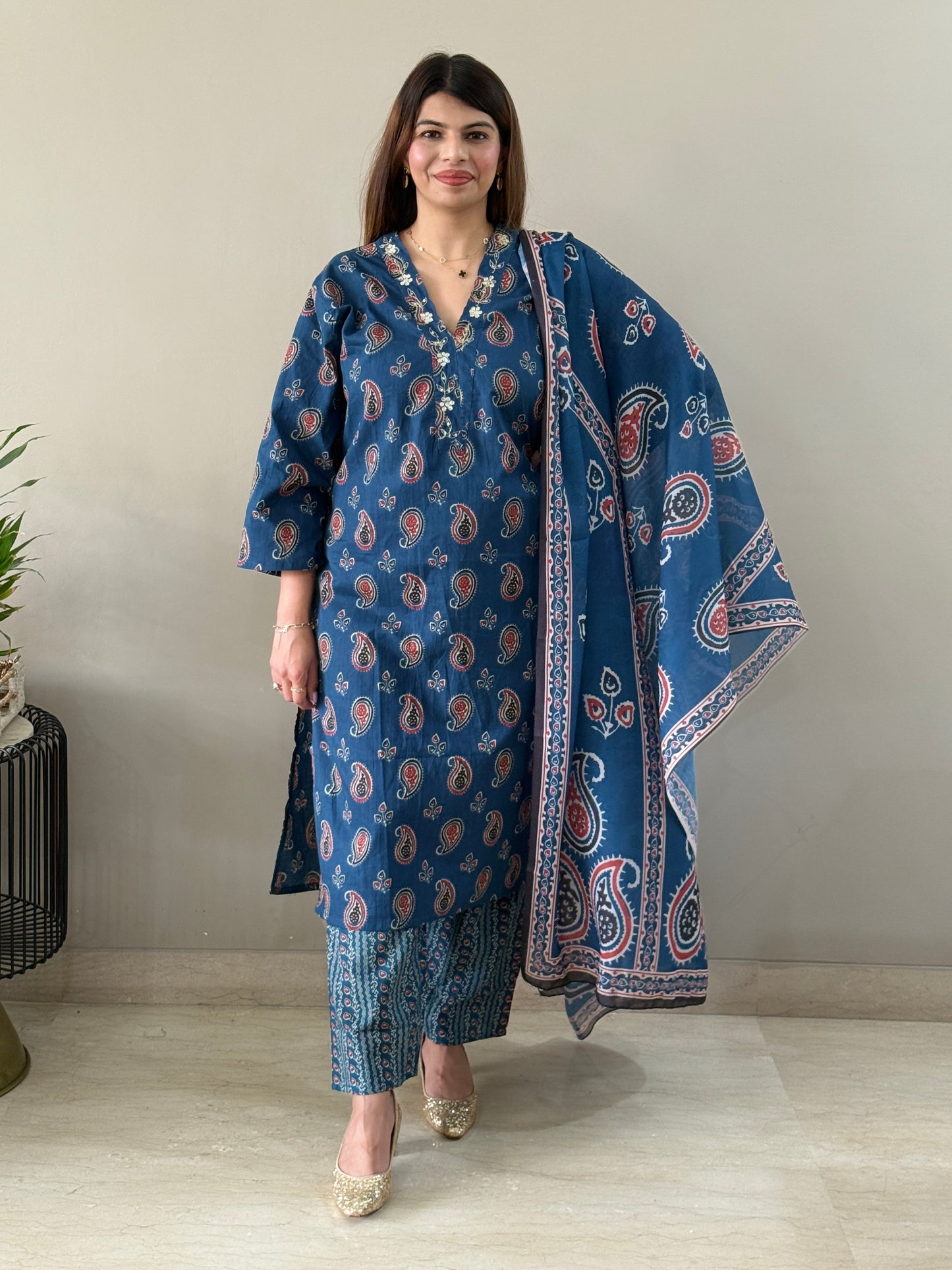 Navy Blue Paisley Cotton Suit Set