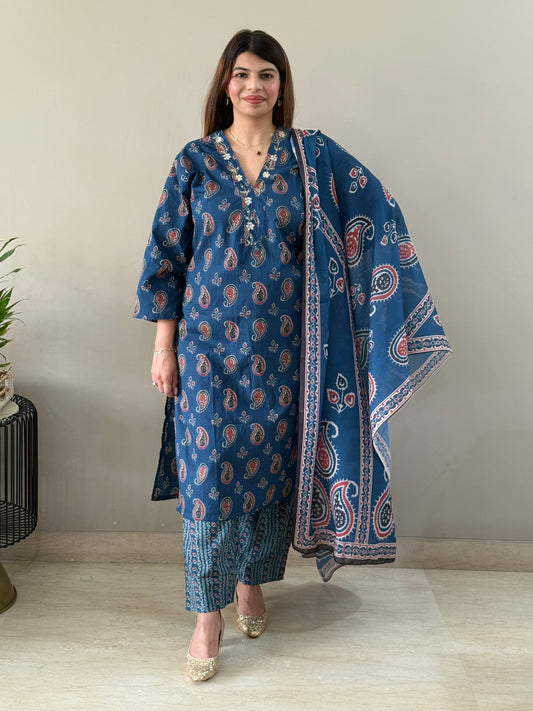 Navy Blue Paisley Cotton Suit Set