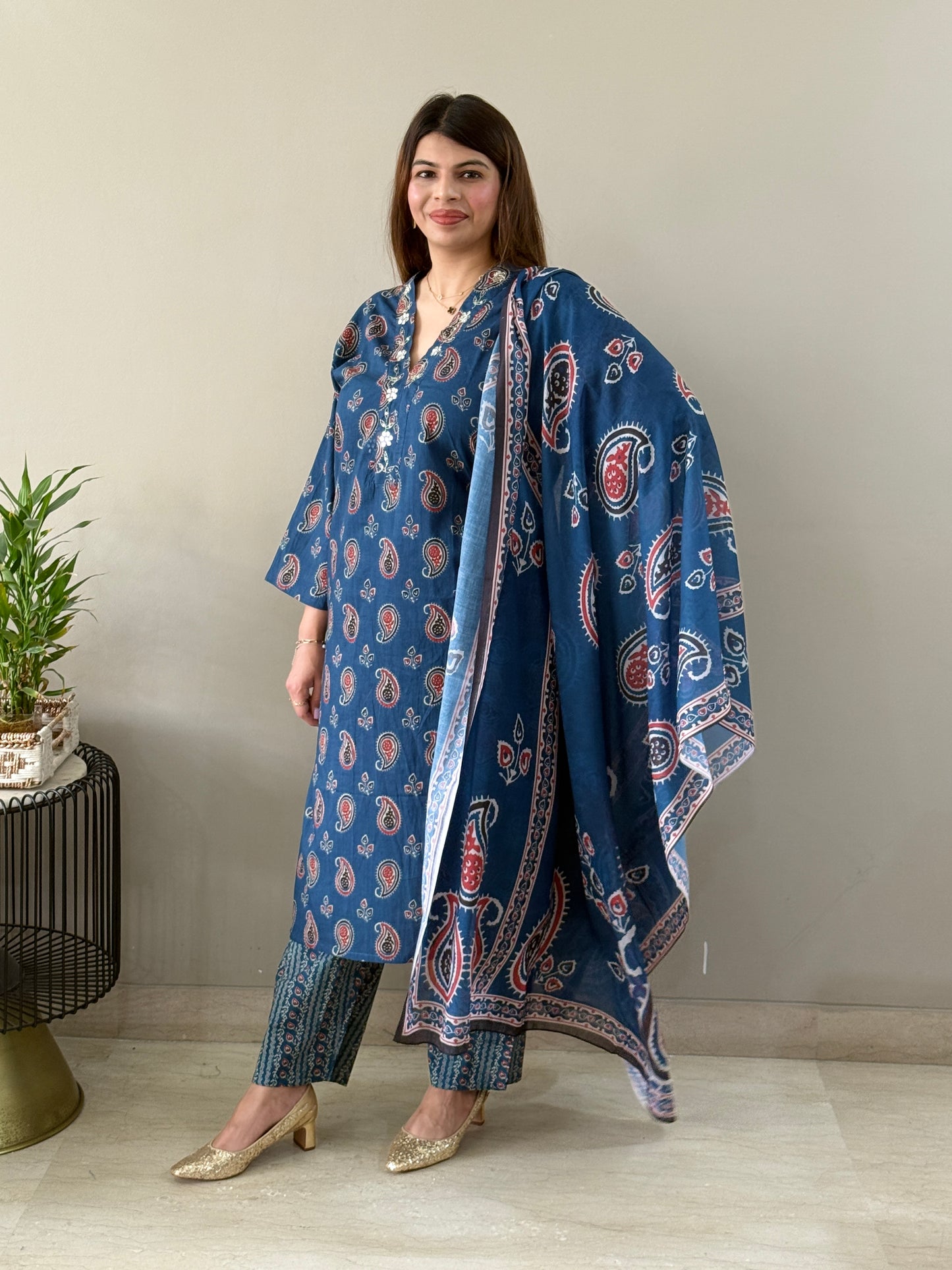 Navy Blue Paisley Cotton Suit Set