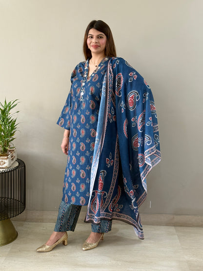 Navy Blue Paisley Cotton Suit Set