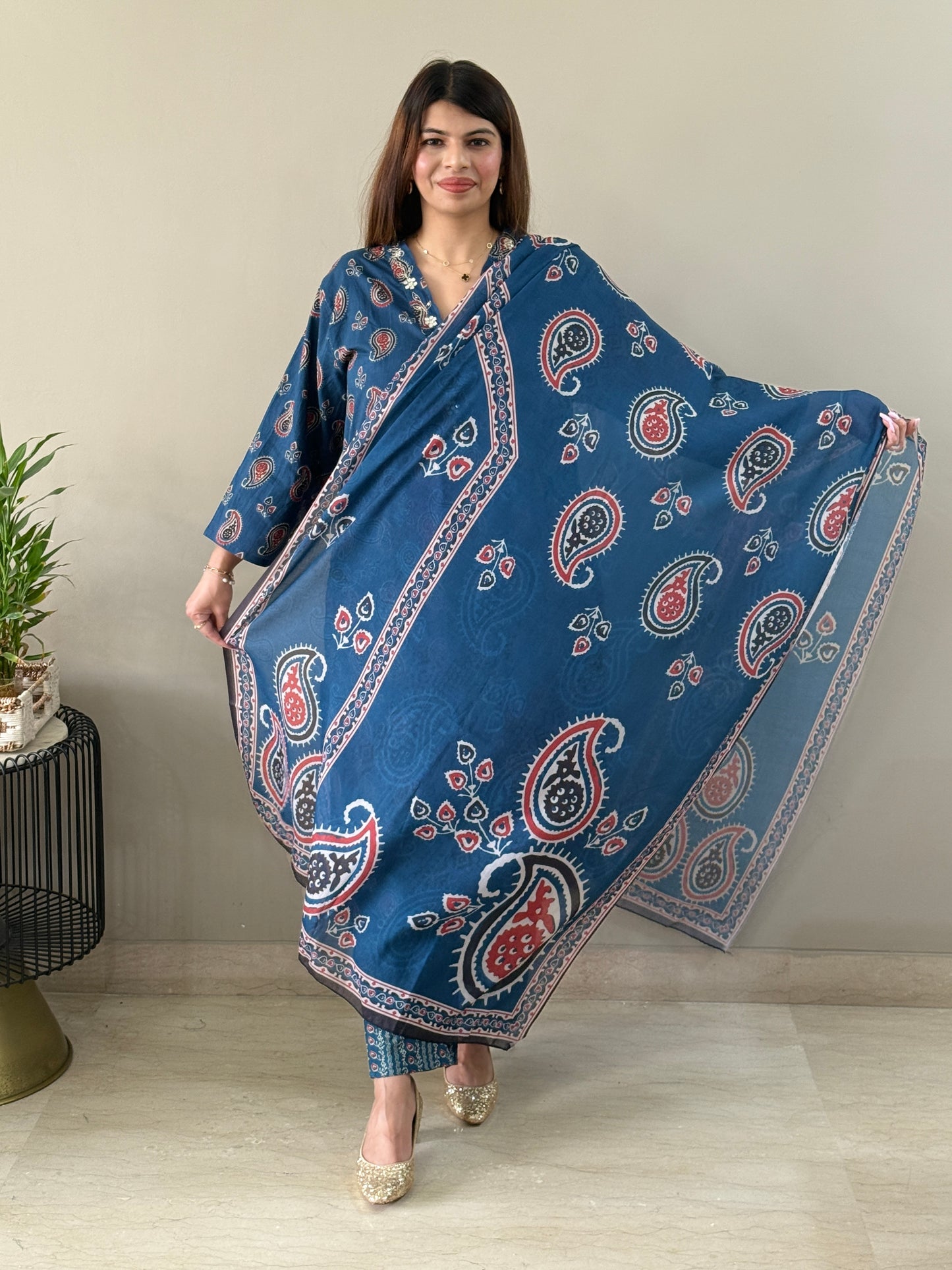 Navy Blue Paisley Cotton Suit Set