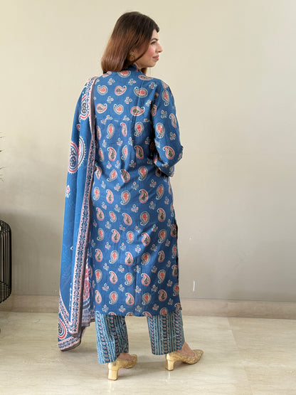 Navy Blue Paisley Cotton Suit Set