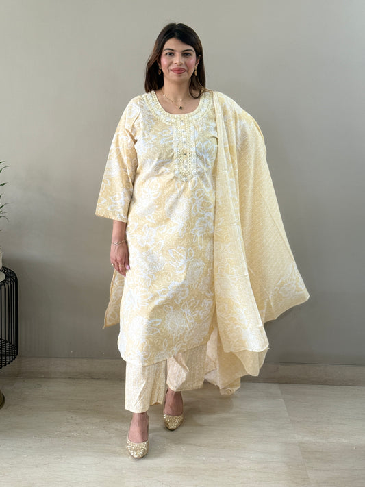 Light Yellow Cotton Floral Suit Set