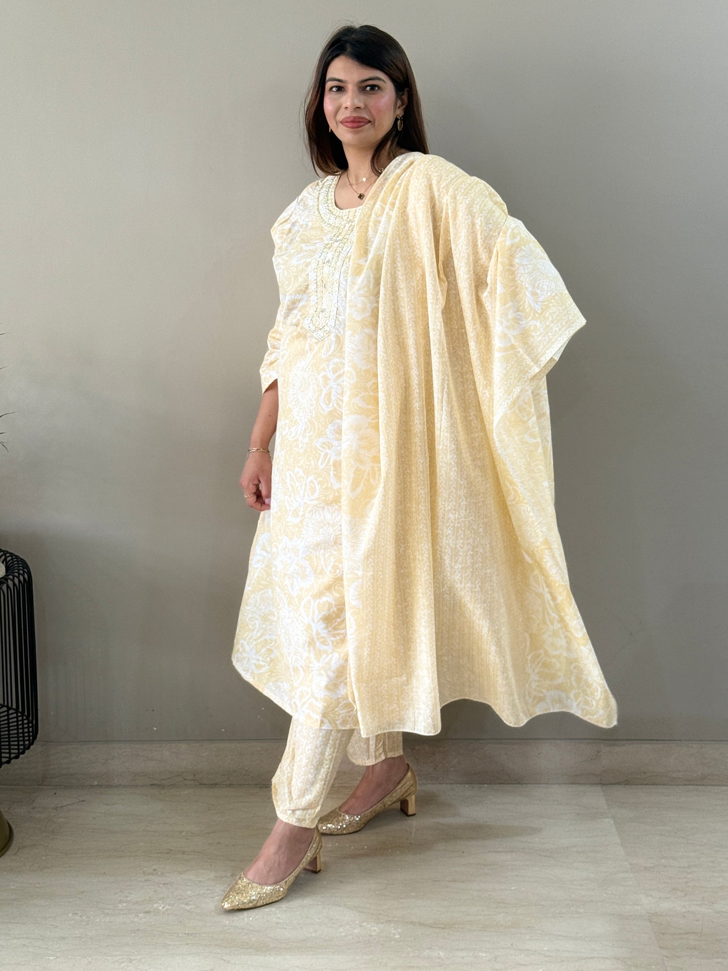 Light Yellow Cotton Floral Suit Set