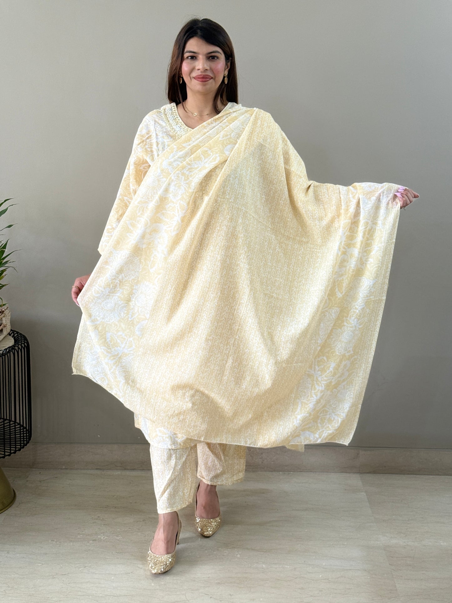 Light Yellow Cotton Floral Suit Set