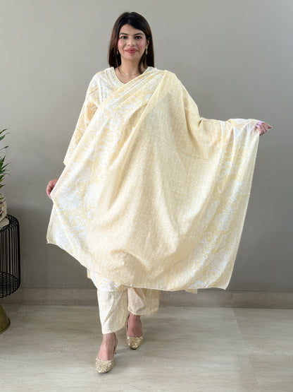 Light Yellow Cotton Floral Suit Set