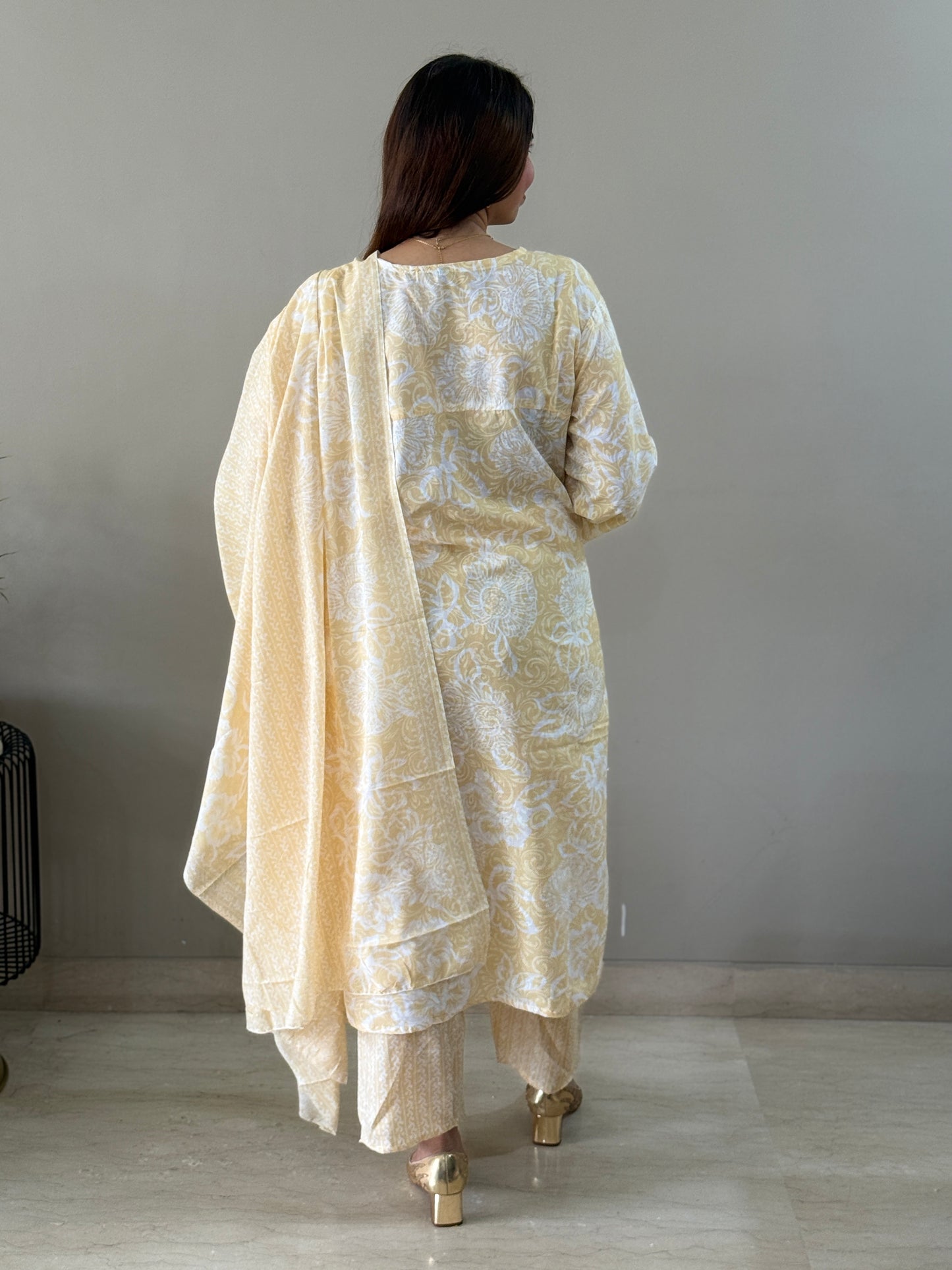 Light Yellow Cotton Floral Suit Set