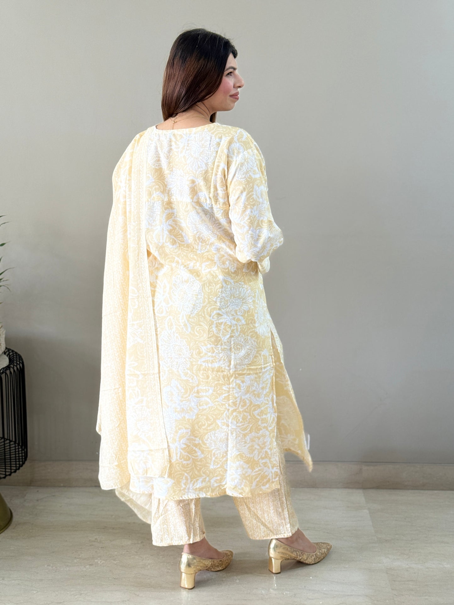 Light Yellow Cotton Floral Suit Set