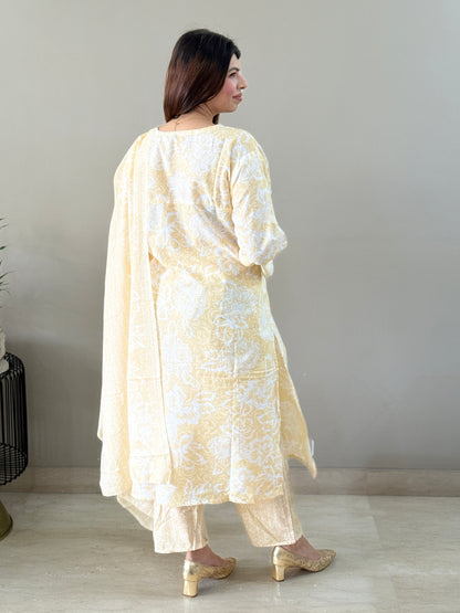 Light Yellow Cotton Floral Suit Set