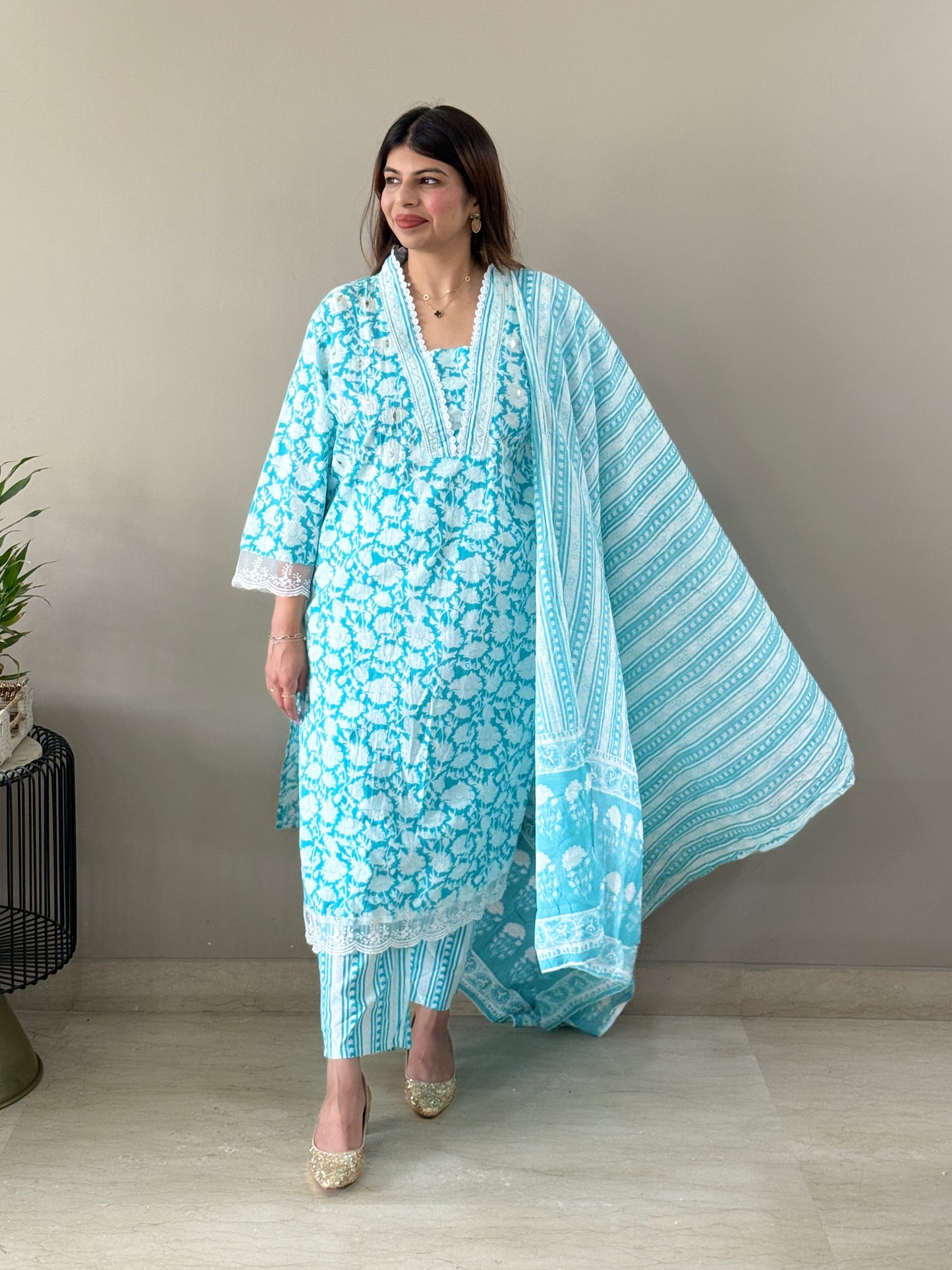 Blue Floral Cotton Suit set