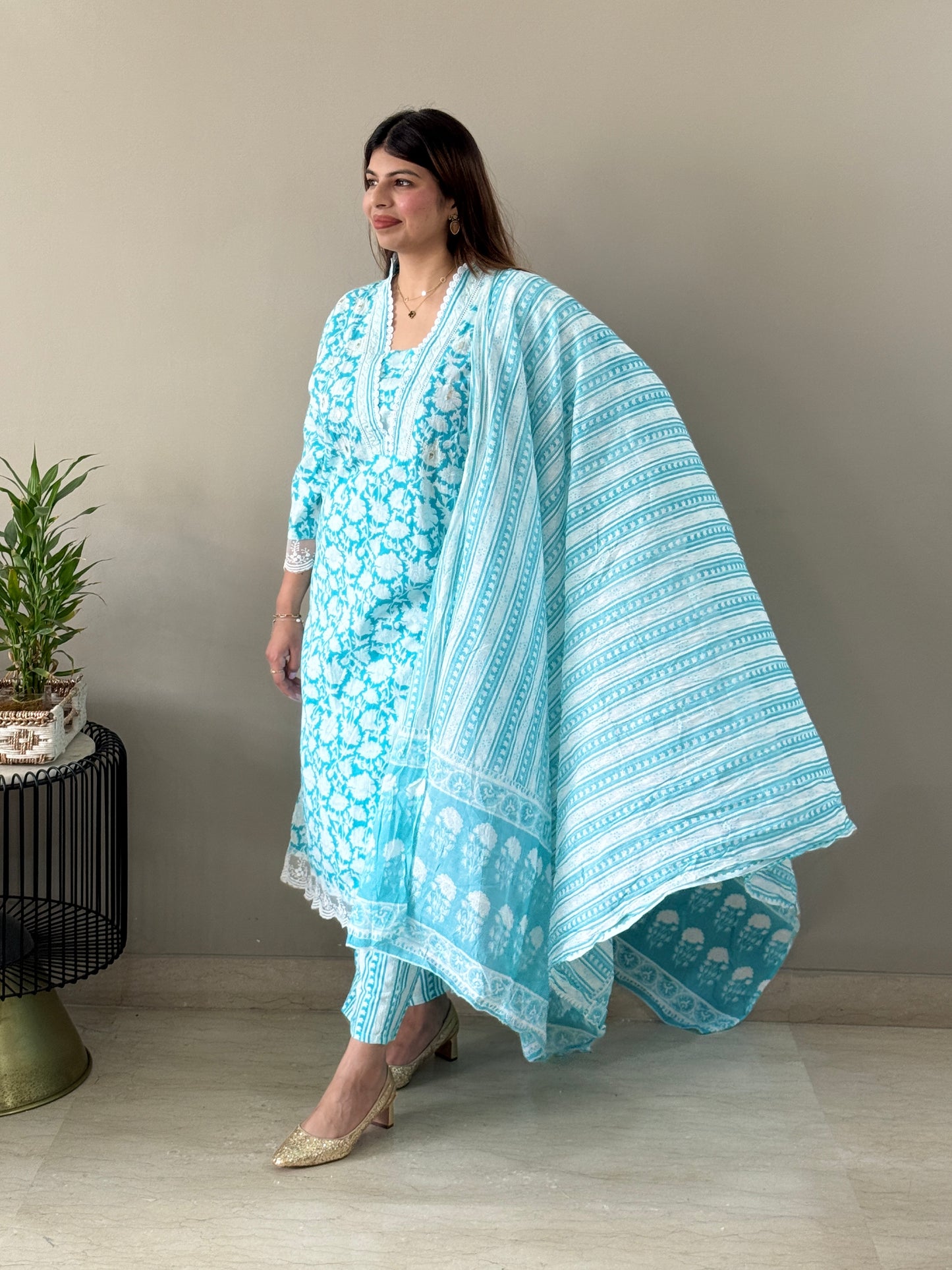 Blue Floral Cotton Suit set