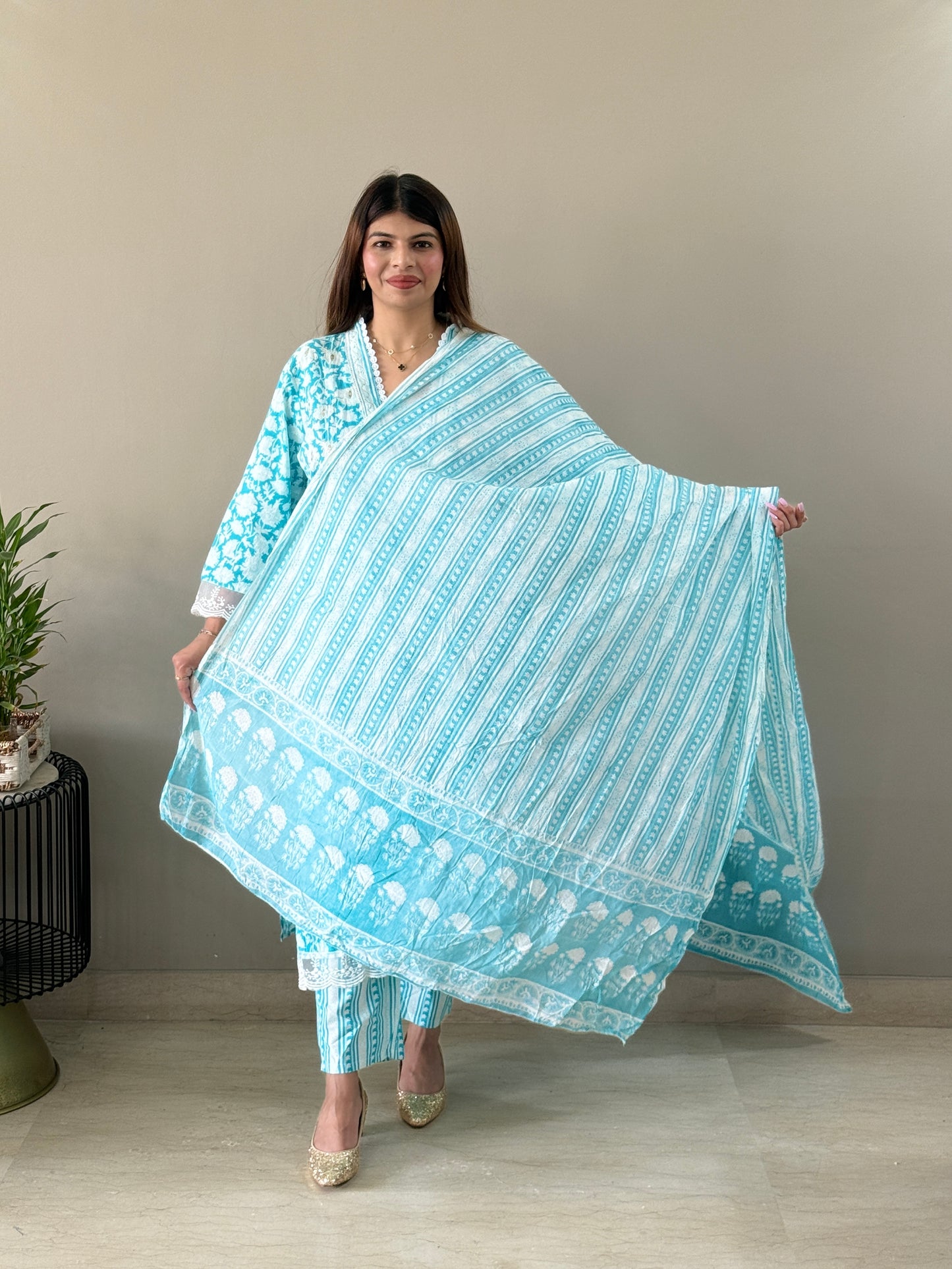 Blue Floral Cotton Suit set