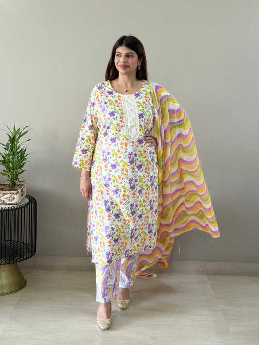 Offwhite purple floral Cotton suit set