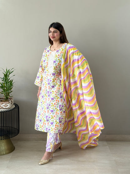 Offwhite purple floral Cotton suit set