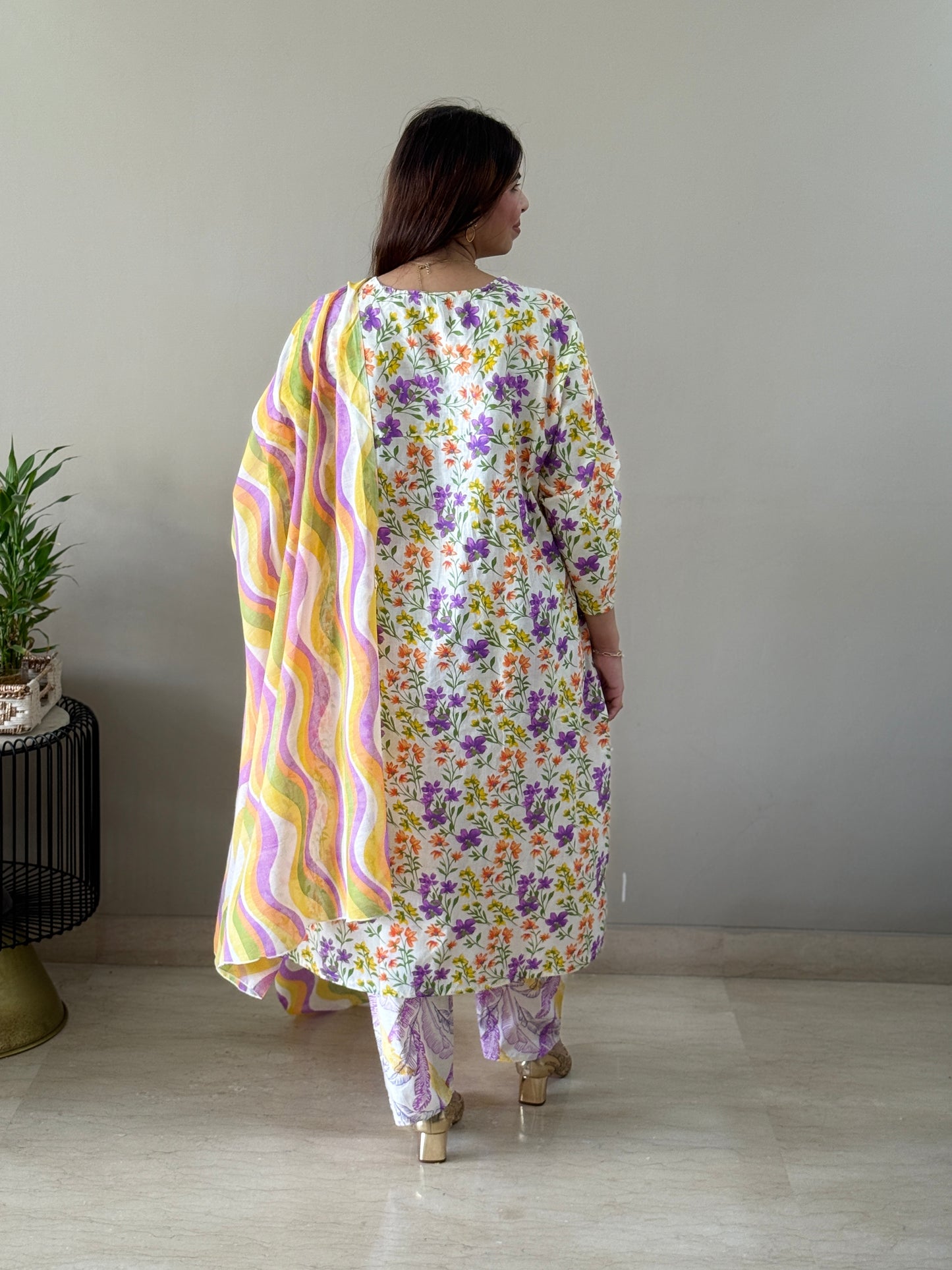 Offwhite purple floral Cotton suit set