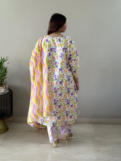 Offwhite purple floral Cotton suit set
