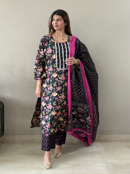 Black Floral Cotton Suit Set