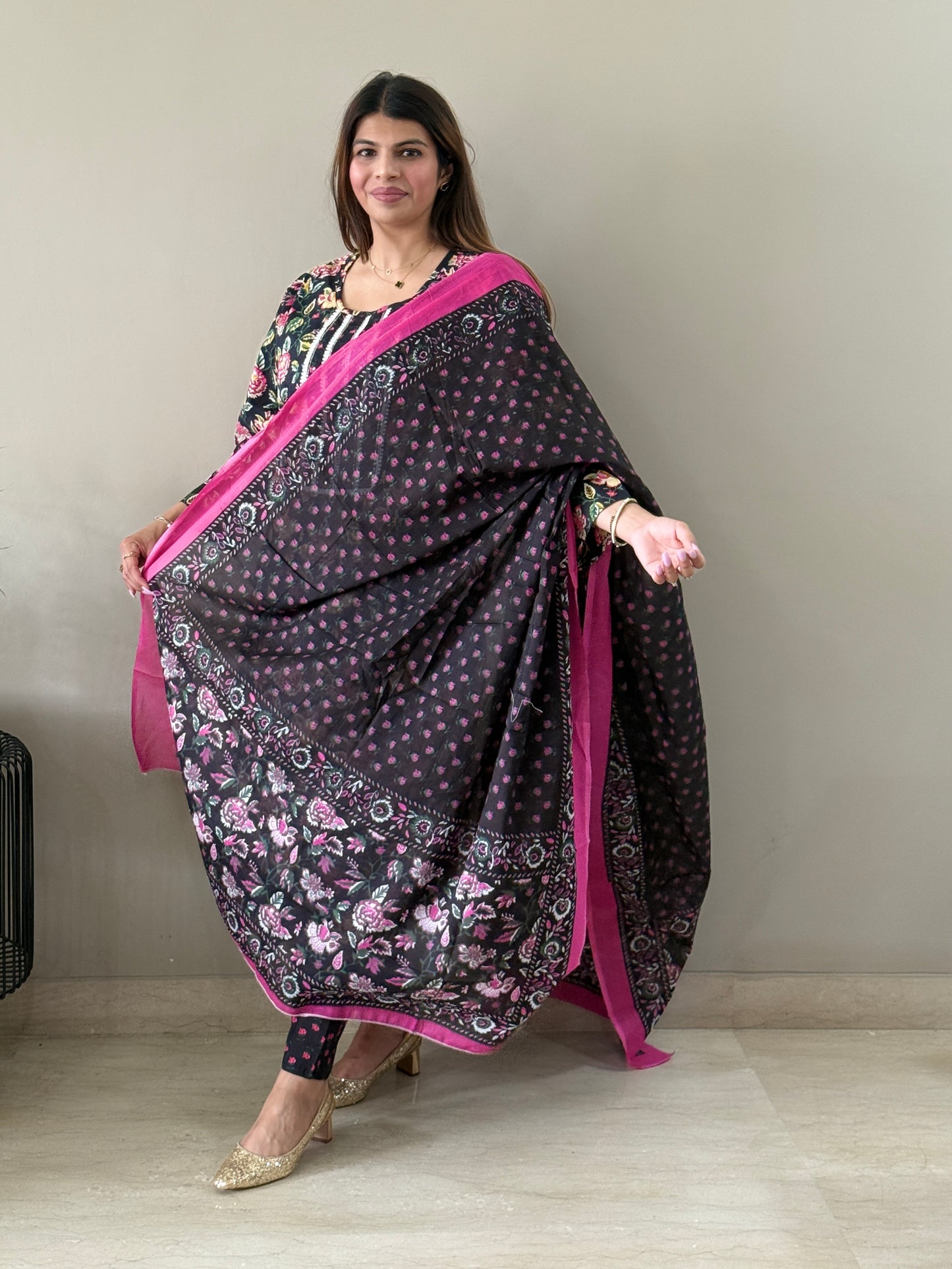 Black Floral Cotton Suit Set