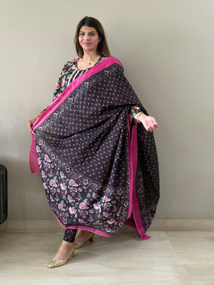 Black Floral Cotton Suit Set