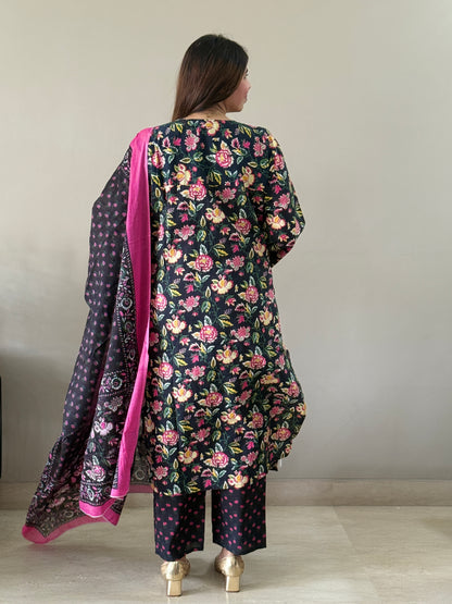 Black Floral Cotton Suit Set