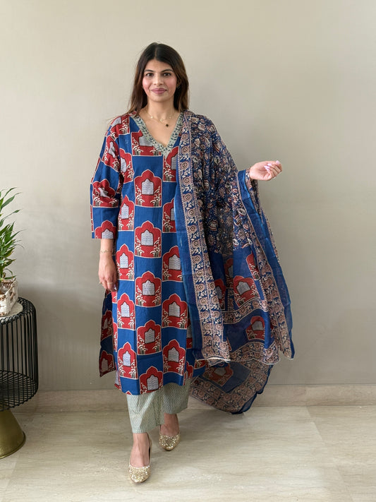 Navy Blue Cotton Ajrak Print suit set
