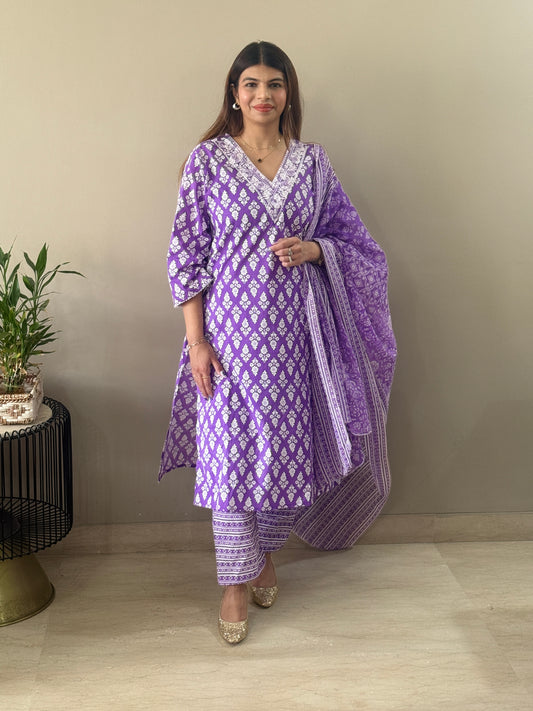 Purple V neck cotton Suit Set