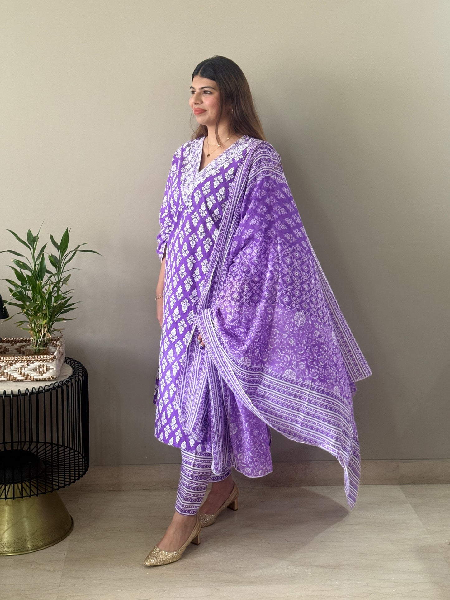 Purple V neck cotton Suit Set