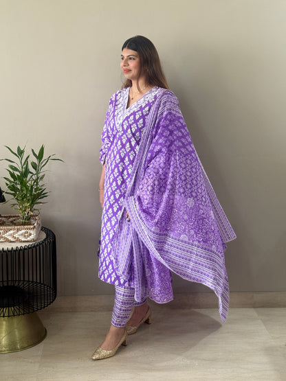 Purple V neck cotton Suit Set