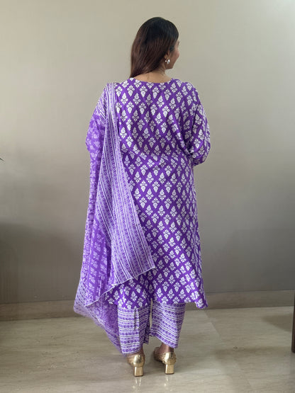 Purple V neck cotton Suit Set