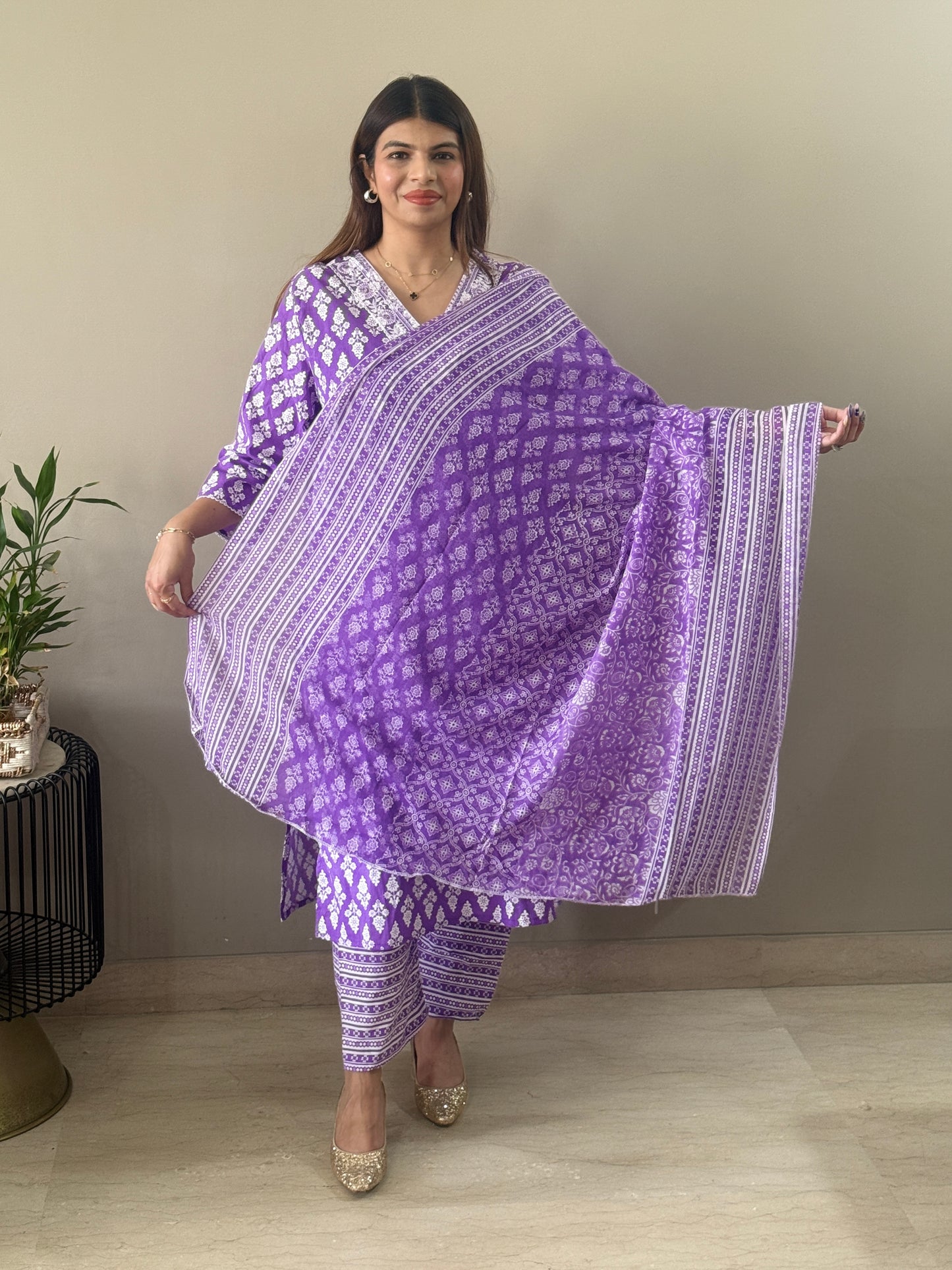 Purple V neck cotton Suit Set
