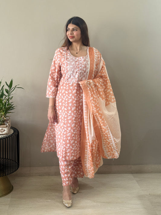 Peach Embroidered Cotton Suit Set