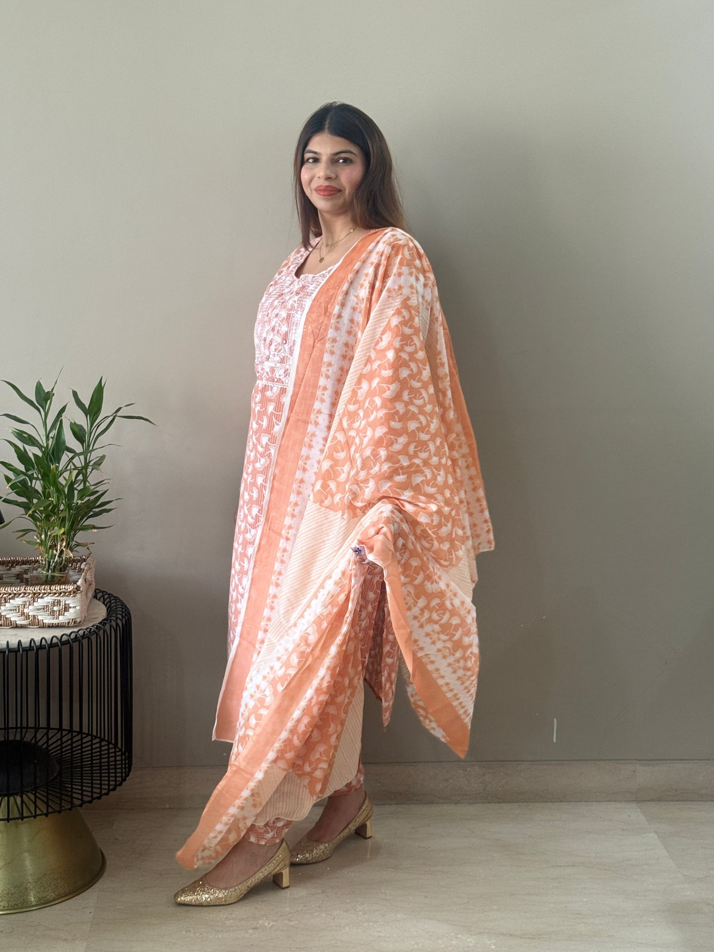 Peach Embroidered Cotton Suit Set