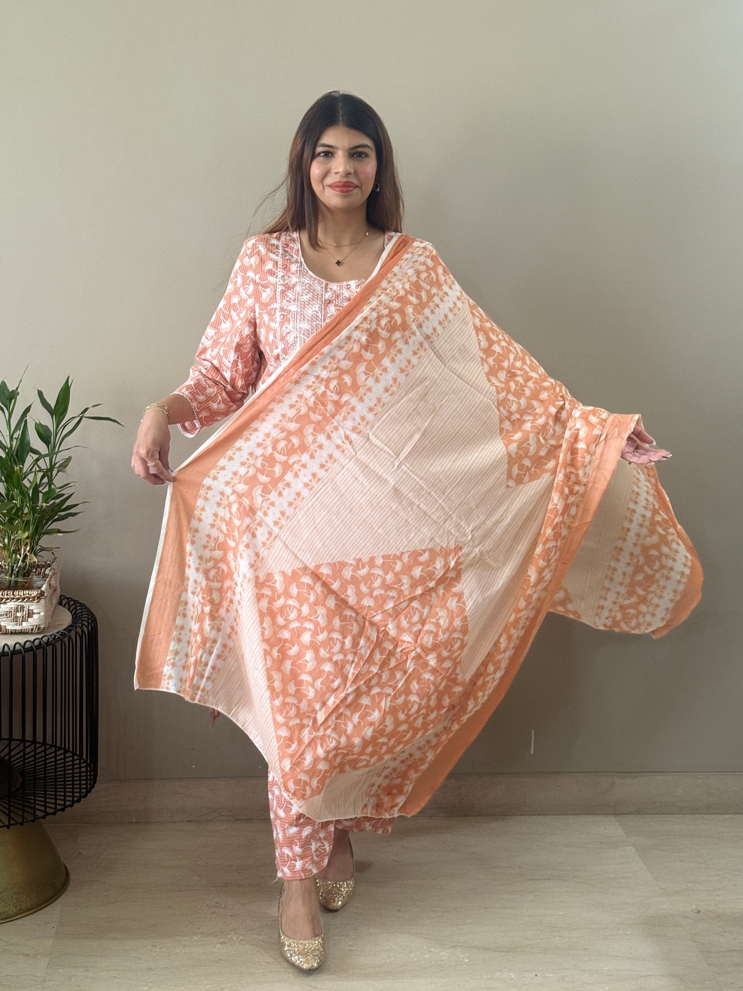 Peach Embroidered Cotton Suit Set