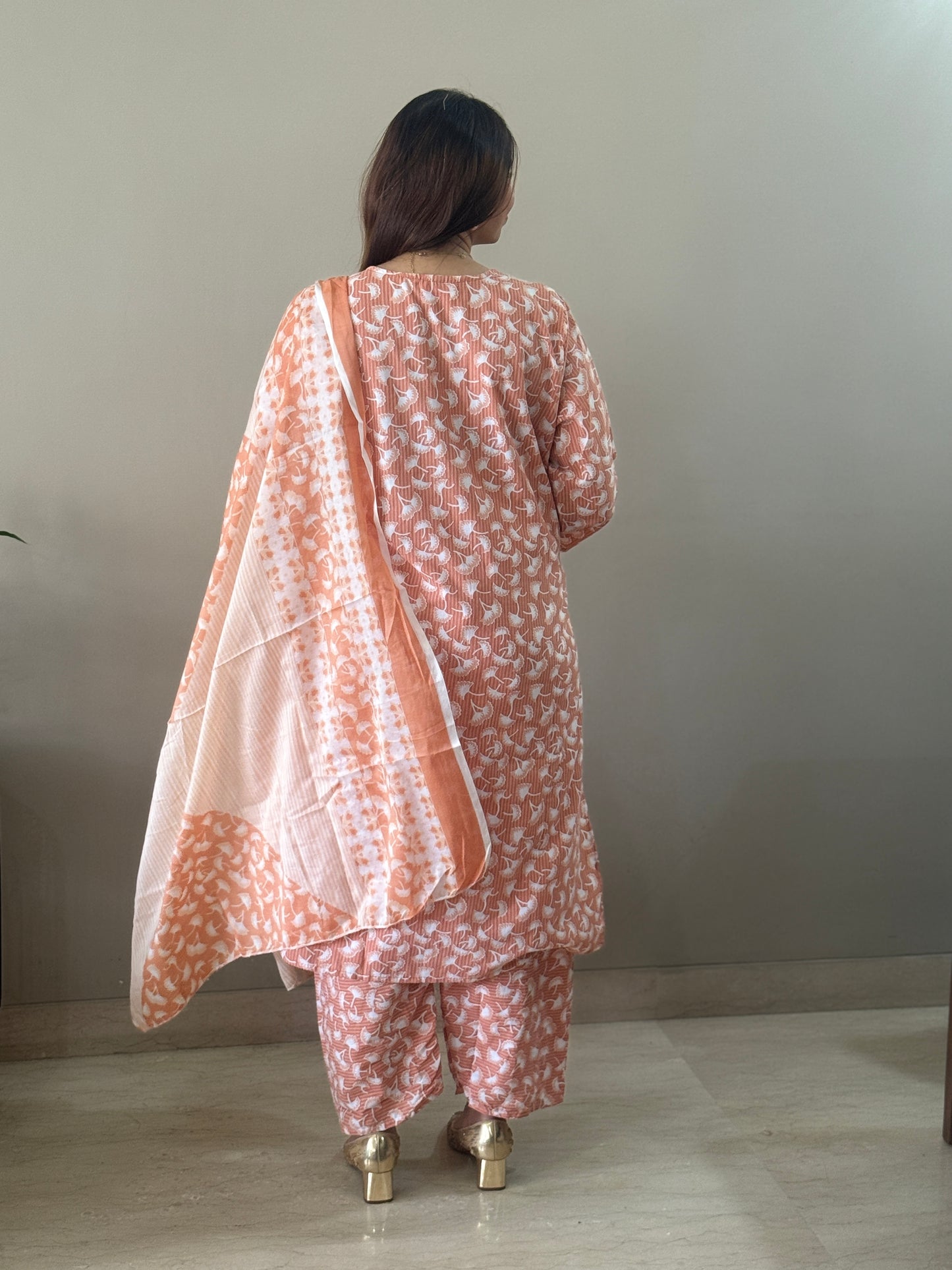 Peach Embroidered Cotton Suit Set