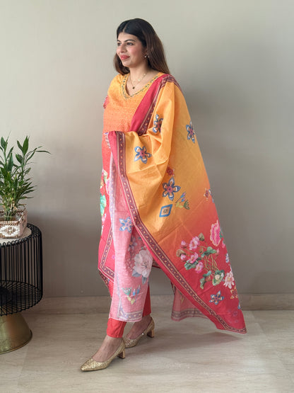 Orange Floral Cotton Suit Set