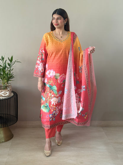 Orange Floral Cotton Suit Set