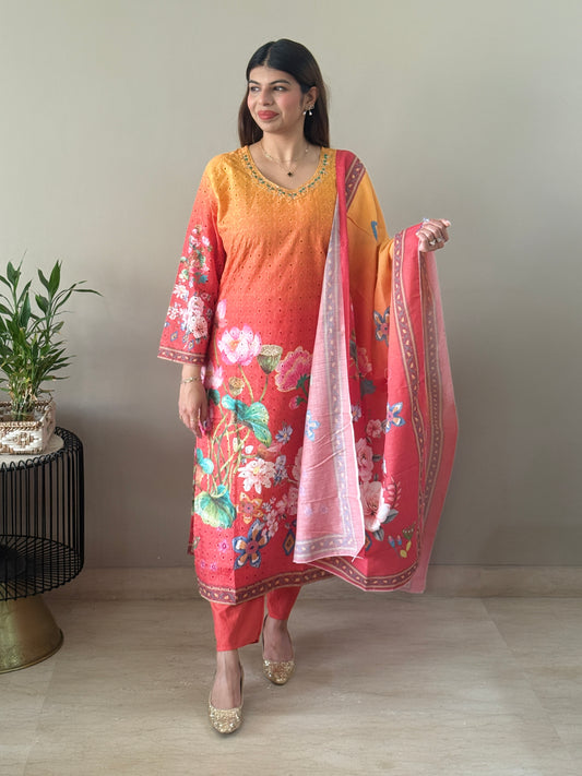 Orange Floral Cotton Suit Set