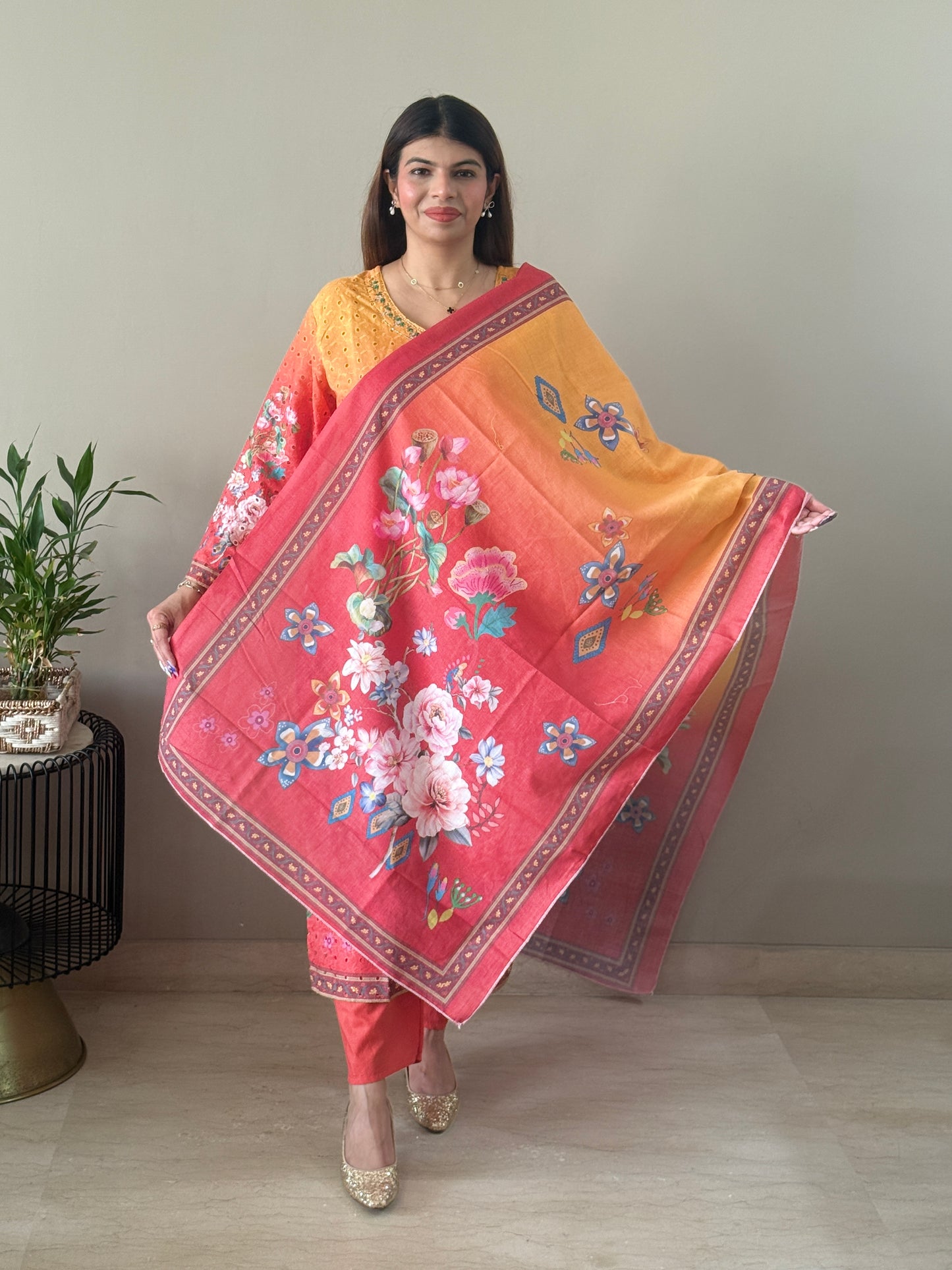 Orange Floral Cotton Suit Set