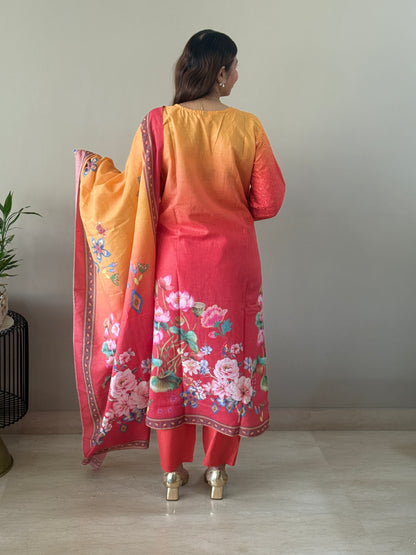 Orange Floral Cotton Suit Set